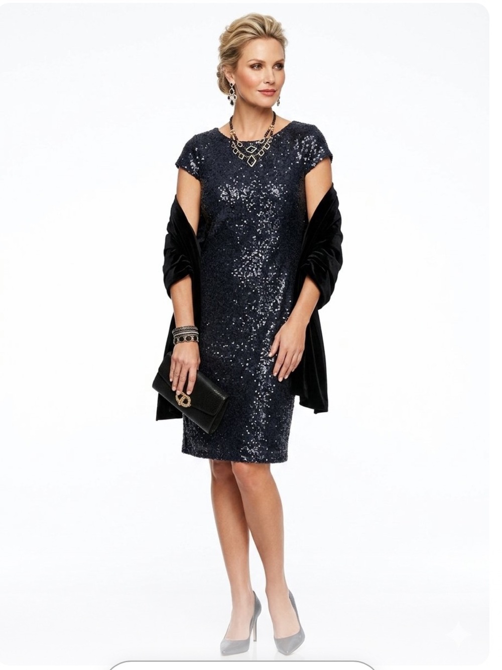 a.n.a Black Sequin Semi fitted Cap-Sleeve  Fully Lined Midi Dress XL Tall